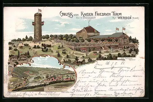 Lithographie Werden /Ruhr, Gasthaus Turmschenke & Kaiser Friedrich Turm, Blick ins Ruhrtal mit Bahnhof u. Villa Hügel