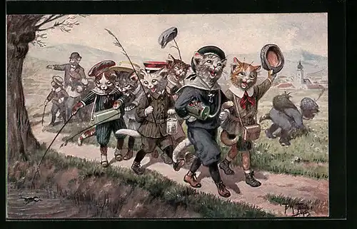 Künstler-AK Arthur Thiele: Katzenklasse auf Exkursion