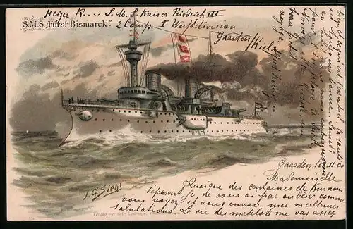 Künstler-AK Johann Georg Siehl-Freystett: Kriegsschiff SMS Fürst Bismarck bei leichtem Wellengang