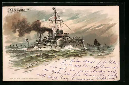 Künstler-AK Johann Georg Siehl-Freystett: SMS Frithjof bei unruhiger See