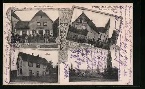 AK Knörsheim, Gasthaus Vve Oberlé, Schule, Pfarrhaus und Kirche
