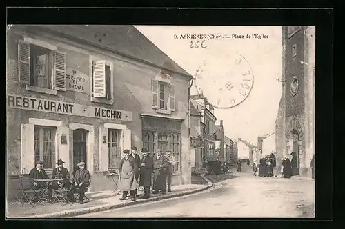 AK Asnières, Place de l`Eglise avec Restaurant Mechin