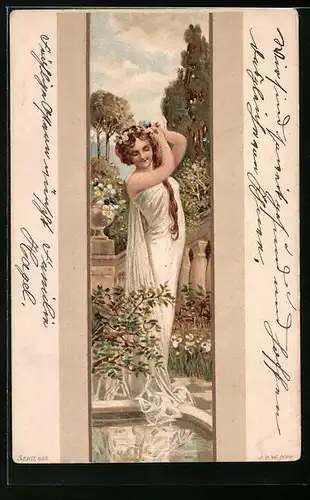 Künstler-AK Junge Schönheit steckt sich Blumen ins Haar, Jugendstil