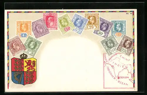 Künstler-AK Ceylon, Briefmarken, Wappen und Landkarte mit Indien, China und Afghanistan
