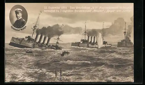 AK Vernichtung der drei englischen Panzerkreuzer Aboukir, Hougue u. Cressy durch U-Boot U9 Kapitänleutnant Weddigen 1914