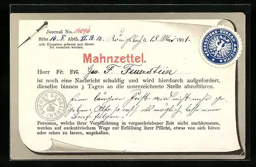 AK Mahnzettel für eine ausbleibende Nachricht, Schreibfaul