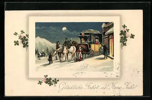 Präge-AK Postkutsche vor dem Haus im Schnee bei Mondschein, Neujahrsgruss