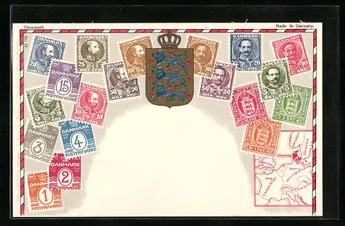 Künstler-AK Dänemark, Landkarte mit England, Schweden und Italien, Briefmarken und Wappen