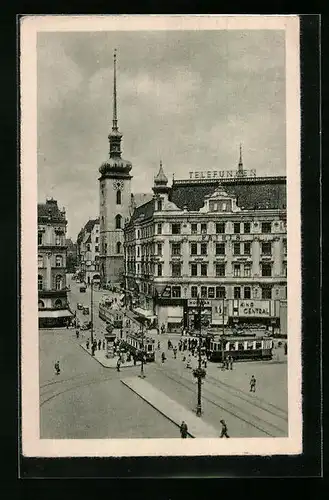 AK Brünn, Kirchengasse, Strassenbahnen
