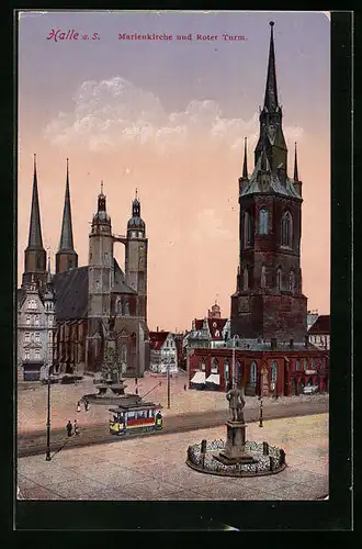 AK Halle a. S., Marienkirche und Roter Turm, Strassenbahn