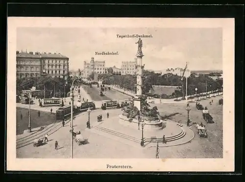 AK Wien, Strassenbahnen am Praterstern, Blick zum Nordbahnhof