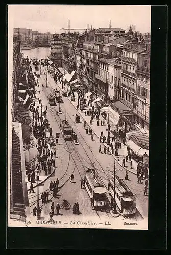 AK Marseille, La Cannebière, Strassenbahnen