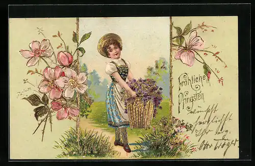 Präge-AK Mädchen mit Korb voller Blumen, Pfingsten