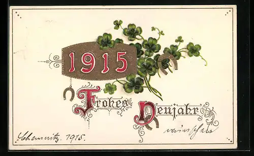 AK Neujahrsgruss mit Kleeblatt, Jahreszahl 1915