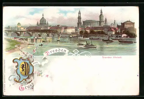 Lithographie Dresden, Altstadt vom Wasser aus