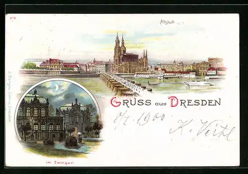 Lithographie Dresden, Altstadt und Zwinger