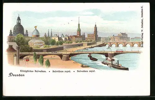 Lithographie Dresden, Königliches Belvedere mit Elbbrücken