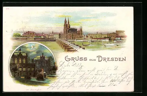 Lithographie Dresden, Altstadt und Zwinger bei Nacht