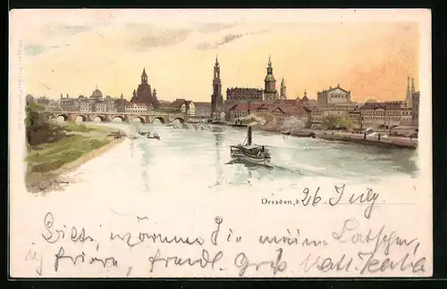 Lithographie Dresden, Panorama von der Elbe aus