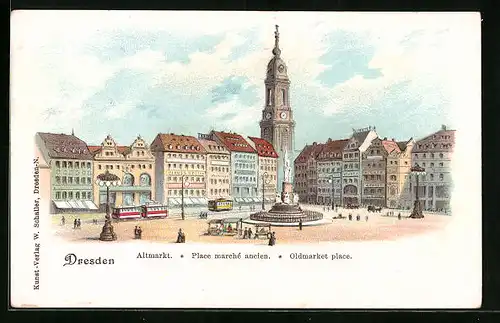 Lithographie Dresden, Altmarkt mit Strassenbahnen