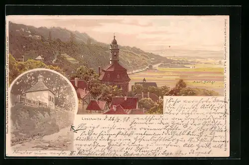 Lithographie Dresden-Loschwitz, Ortspartie aus der Vogelschau, Schillerhaus