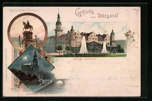 Lithographie Dresden, Königliches Schloss, König Johann-Denkmal, Kath. Hofkirche