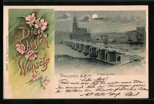 Lithographie Dresden, Augustusbrücke aus der Vogelschau im Mondschein