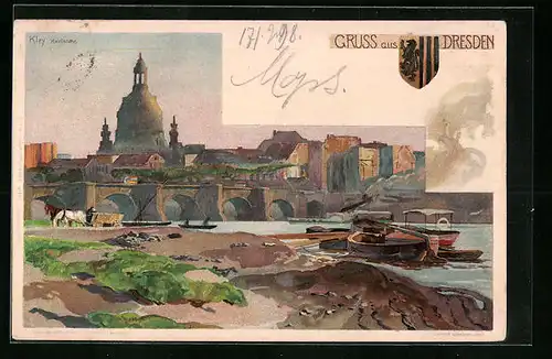 Lithographie Dresden, Flusspartie der Elbe mit Panorama