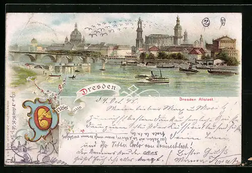 Lithographie Dresden, Panorama der Altstadt, Dampfer