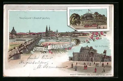 Lithographie Dresden, Kgl. Belvedere, Hoftheater, Panorama