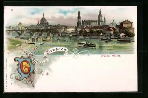 Lithographie Dresden, Panorama der Altstadt, Dampfer auf der Elbe