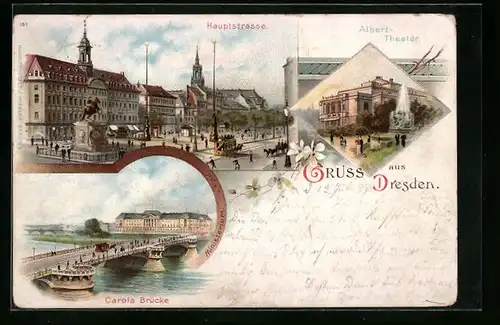 Lithographie Dresden, Hauptstrasse, Alberttheater, Carolabrücke