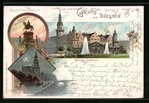 Lithographie Dresden, Königl. Schloss, König Johann Denkmal, Katholische Hofkirche