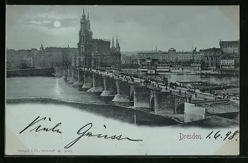 Mondschein-AK Dresden, Ortsansicht mit Elbbrücke