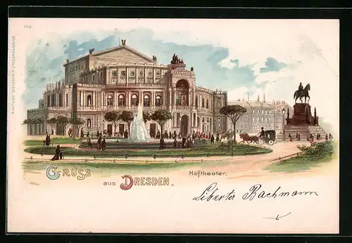 Lithographie Dresden, Hoftheater mit Springbrunnen