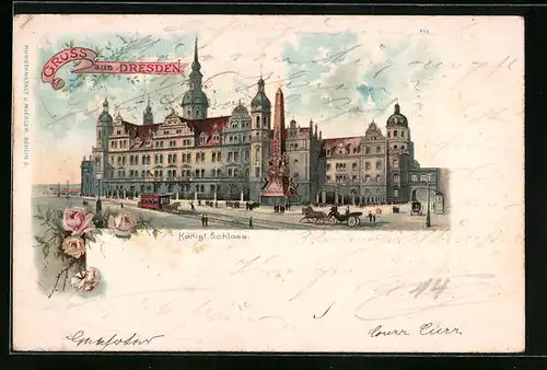 Lithographie Dresden, Königl. Schloss mit Obelisk