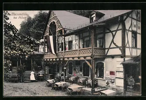 AK Pillnitz, Meixmühle beflaggt mit Ausflüglern