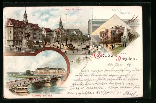 Lithographie Dresden, Hauptstrasse, Albert-Theater, Carola-Brücke