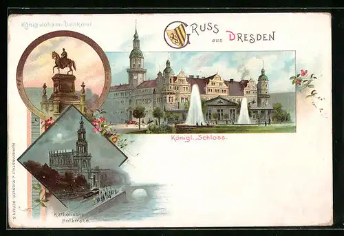 Lithographie Dresden, Königl. Schloss, König Johann-Denkmal, Katholische Hofkirche