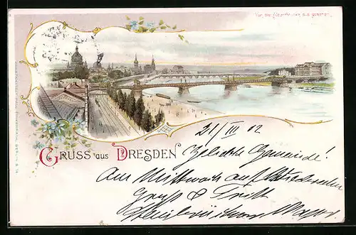 Lithographie Dresden, Ortsansicht von der Albertbrücke aus gesehen