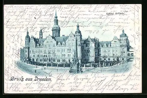 Lithographie Dresden, Königl. Schloss, Strassenpartie