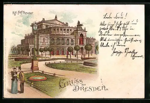 Lithographie Dresden, Kgl. Hoftheater mit Park und Spaziergängern