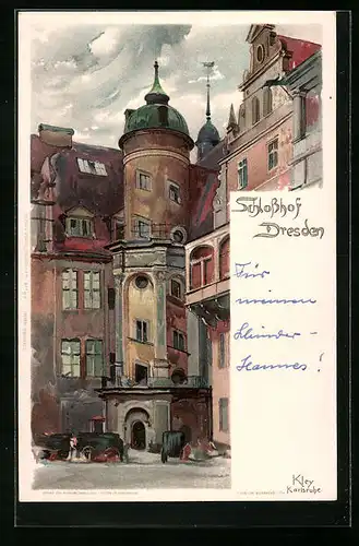 Künstler-AK Heinrich Kley: Dresden, Schlosshof mit bewölktem Himmel