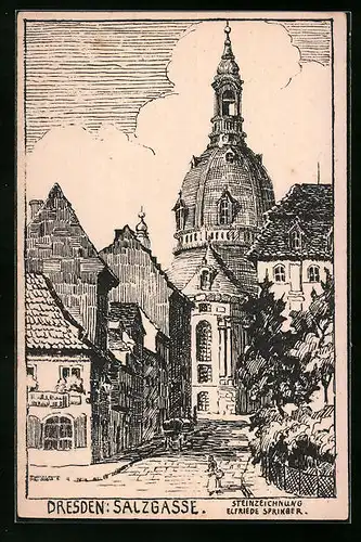 Künstler-AK Dresden, Salzgasse, Steinzeichnung Elfriede Springer