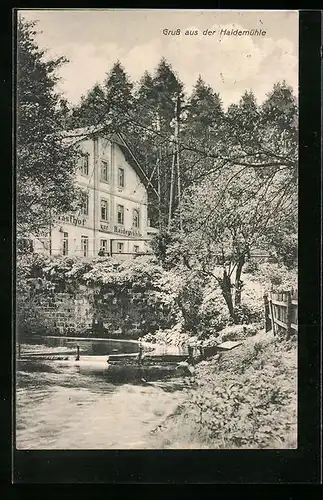 AK Langebrück i. Sa., Gasthaus Heidemühle, Inhaber Franz Riemer