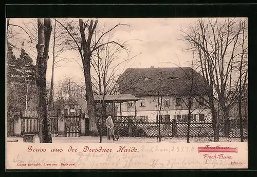 AK Dresden, Gasthof Fischhaus im Winter, Spaziergänger mit Hund