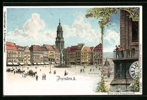 Lithographie Dresden, Altmarkt, Blick vom Kreuzturm