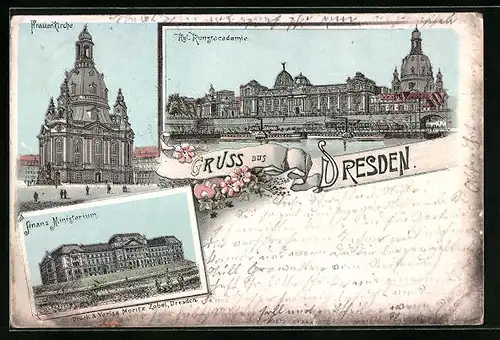 Lithographie Dresden, Kgl. Kunstacademie, Frauenkirche, Finanzministerium