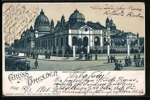 Lithographie Dresden, Ausstellungspalast mit Strassenbahn