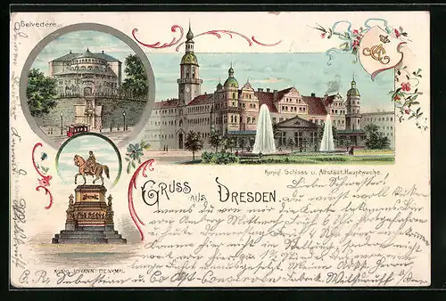 Lithographie Dresden, Königl. Schloss und Altstädt. Hauptwache, Belvedére, König Johann-Denkmal